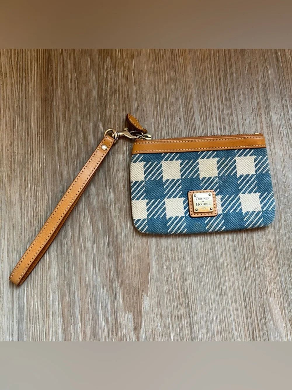 Dooney & Bourke Blue and Cream Plaid Canvas Wristlet with Tan Trim